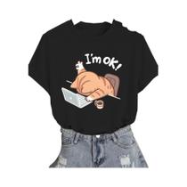Camiseta Feminina Bege Com Estampa De Gato Fofo, Gola Redonda Casual E Manga Curta Com Design