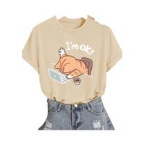 Camiseta Feminina Bege Com Estampa De Gato Fofo, Gola Redonda Casual E Manga Curta Com Design