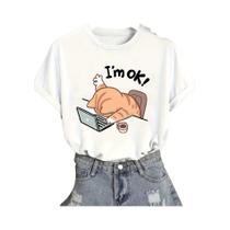 Camiseta Feminina Bege Com Estampa De Gato Fofo, Gola Redonda Casual E Manga Curta Com Design