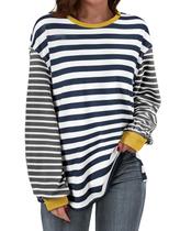 Camiseta feminina BLENCOT de tamanho grande em patchwork listrada branca