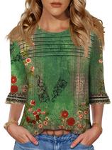 Camiseta feminina Blingfit, manga 3/4, gola redonda, tamanho grande, 3GG