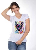 Camiseta Feminina Blizz Branca com Estampa Bull Dog Colorido