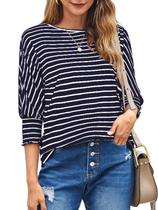 Camiseta feminina Bluetime listrada, manga 3/4, gola redonda, azul marinho