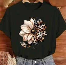 Camiseta Feminina Blusa Algodão Flor Onça Casual Malha Premium Gola Redonda