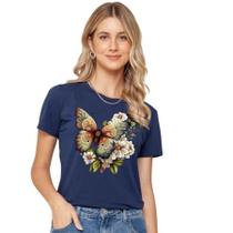 Camiseta Feminina Blusa T-Shirt Estampa de Borboleta com Flores Várias Cores Malha Algodão