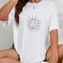 Camiseta Feminina Blusão Personalizado Oversized Blusa Larga Modinha Estampado Sol e Lua