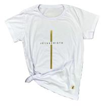 Camiseta Feminina Branca Jesus Cristo Cruz Dourada Camiseta Feminina Branca Jesus Cristo Cruz Dourada