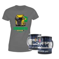 Camiseta Feminina Brasil Caminhão Scania + Caneca Porcelana - Estradão BR