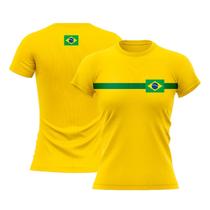 Camiseta Feminina Brasil Especial da Copa Camisa Manga Curta Amarela Faixa Mar Negro
