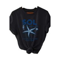 Camiseta Feminina Casual Com Estampa Gráfica De Estrela-do-mar Azul E Criaturas Marinhas, Gola Camiseta Feminina Casual Com Estampa Gráfica De Estrela-do-mar Azul E Criaturas Marinhas, Gola