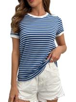 Camiseta feminina casual com estampa listrada Floerns azul marinho