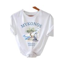 Camiseta Feminina Casual De Manga Curta Com Padrão Grego, Branca, Azul Claro, Mykonos Island Camiseta Feminina Casual De Manga Curta Com Padrão Grego, Branca, Azul Claro, Mykonos Island