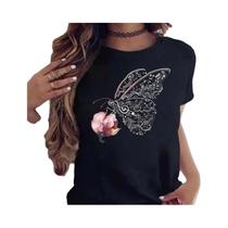 Camiseta Feminina Casual De Verão Com Estampa De Borboleta E Flores, Manga Curta, Estilo Harajuku