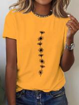 Camiseta Feminina Casual De Verão Com Estampa De Girassol, Manga Curta, Gola Redonda, Camiseta