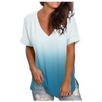 Camiseta feminina casual gradiente com decote em V manga curta solta