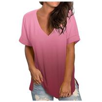 Camiseta feminina casual gradiente com decote em V manga curta solta