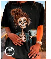 Camiseta Feminina Caveira Cafe Estampa Unissex Linha Premium Coffe Malha Algodao 30.1