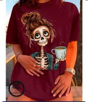 Camiseta Feminina Caveira Cafe Estampa Unissex Linha Premium Coffe Malha Algodao 30.1