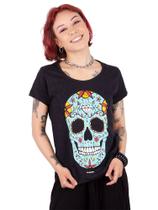Camiseta Feminina Caveira Mexicana Preta Jaguar Camiseta Feminina Caveira Mexicana Preta Jaguar