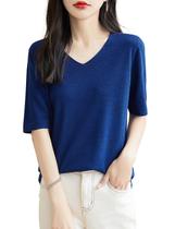 Camiseta feminina Chanyarn 100% lã merino de camada base com decote em V, manga curta, camiseta de viagem e caminhada (azul marinho, S)