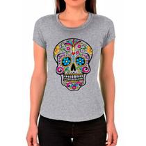 Camiseta Feminina Cinza Caveira Mexicana Skul 02