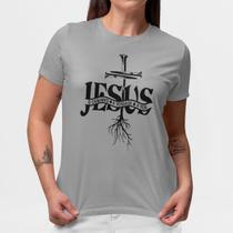 Camiseta Feminina Cinza Mescla Jesus é o Caminho a Verdade e a Vida