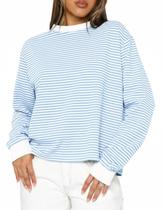 Camiseta feminina Cioatin de tamanho grande, manga comprida, listrada, azul, branca