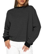 Camiseta feminina Cioatin de tamanho grande, manga comprida, listrada, bloco colorido