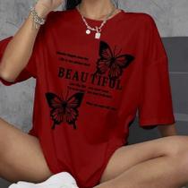 Camiseta Feminina Colorida Champanhe Palha Blusa Oversized Unissex Estampa Beautiful Butterfly Cami