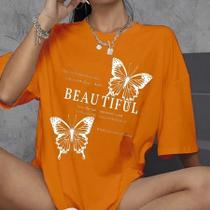 Camiseta Feminina Colorida Champanhe Palha Blusa Oversized Unissex Estampa Beautiful Butterfly Cami