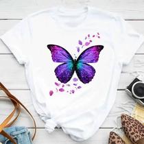 Camiseta Feminina Colorida Com Estampa De Pétalas De Borboleta, Manga Curta, Gola Redonda, Top Fofo