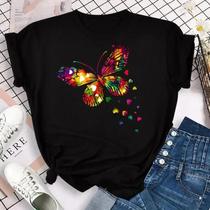 Camiseta Feminina Colorida Com Estampa De Pétalas De Borboleta, Manga Curta, Gola Redonda, Top