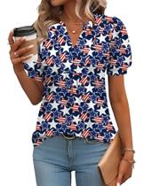 Camiseta feminina com bandeira americana IECCP com decote em V e manga folhada Camiseta feminina com bandeira americana IECCP com decote em V e manga folhada