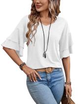 Camiseta feminina com decote em V da Top Sialois, manga 3/4, babado, camada dupla