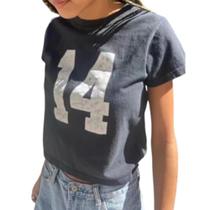Camiseta feminina com elástico Crop Top OANTGM Summer Number 14 preta