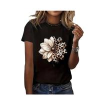 Camiseta Feminina Com Estampa De Leopardo E Floral, Gola Redonda, Manga Curta, Casual, Para Todas as Camiseta Feminina Com Estampa De Leopardo E Floral, Gola Redonda, Manga Curta, Casual, Para Todas as