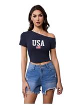 Camiseta feminina com estampa de letras Crop Top SweatyRocks Jamaica azul