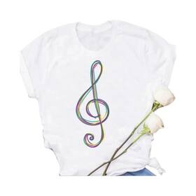 Camiseta Feminina Com Estampa De Nota Musical Preta, Casual, Moda Harajuku, Manga Curta, Top - NONE