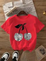 Camiseta Feminina Com Estampa Gráfica Cereja Prateada Manga Curta Gola Redonda Top Casual Para Verão