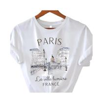 Camiseta Feminina Com Estampa Paris, Manga Curta, Gola Redonda, Top Casual Para Verão E Primavera