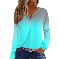 Camiseta feminina COTECRAM com botão, decote em V, manga comprida, B, cinza claro