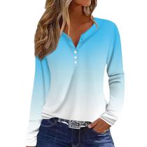 Camiseta feminina COTECRAM com botão em V, manga comprida, azul XXL