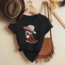 Camiseta Feminina Country Look Country T-shirt Roça Agro Rodeio Boiadeira Estamp Bota e Chapéu