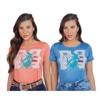 Camiseta Feminina Country Minuty Thermo Estampada Azul Laranja - Ref. 1167 Camiseta Feminina Country Minuty Thermo Estampada Azul Laranja - Ref. 1167