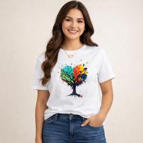 Camiseta Feminina Cristã Fé Amor Esperança Árvore da Vida Estampa Colorida Moda Evangélica Baby Look Camiseta Feminina Cristã Fé Amor Esperança Árvore da Vida Estampa Colorida Moda Evangélica Baby Look