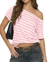 Camiseta feminina Crop Coatin, manga curta, sem ombros, listrada