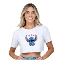Camiseta Feminina Croped Stich Malha Leve Para O Verao