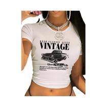 Camiseta Feminina Cropped Com Estampa Sexy De Carro Retrô Vintage 'Keep Classic Alive' Para Meninas