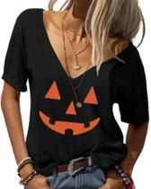 Camiseta feminina Danedvi de Halloween com decote em V profundo com estampa de abóbora