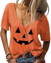Camiseta feminina Danedvi de Halloween com decote em V profundo com estampa de abóbora